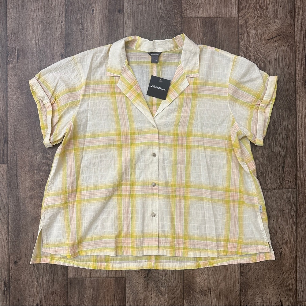 Eddie Bauer Lightweight Cotton Camp Shirt Women’s Size XL Yellow Plaid